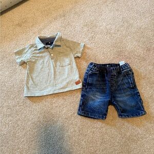 7 for all Mankind Green Polo Shirt and Blue Denim Shorts Set